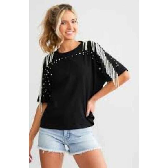 Blue B Pearl Accent Fringe Sleeve Top Small - Picture 2 of 3